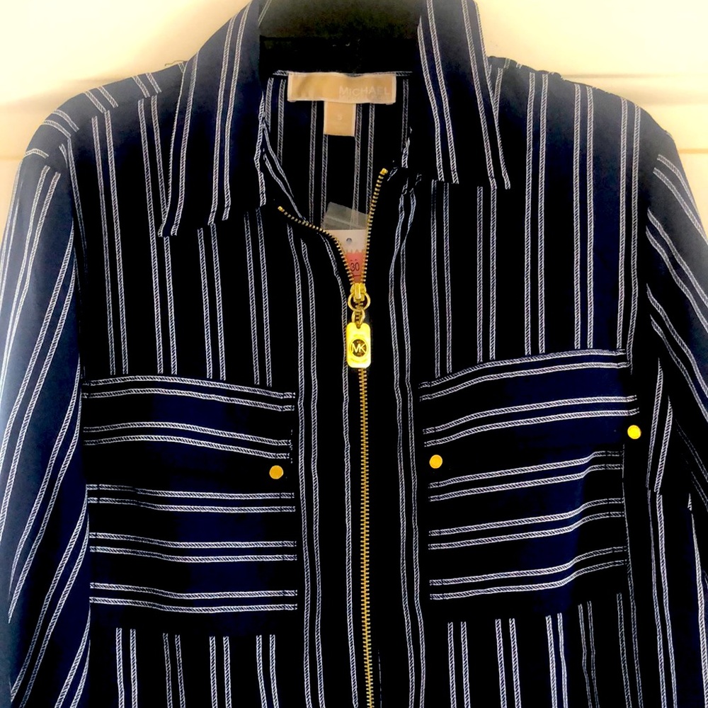 NWT! Navy Blue & White, Long Sleeved, Michael Kors Shirt w/ Gold front zipper!